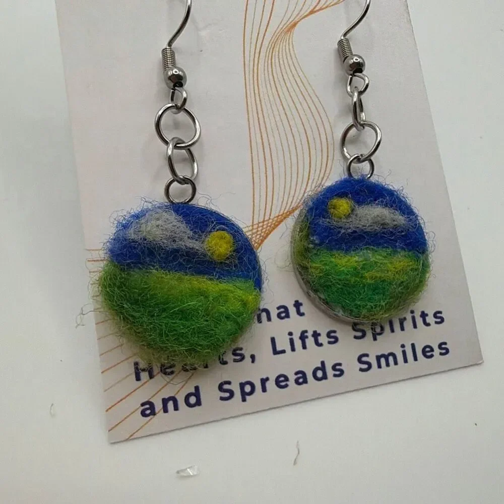 Needle felted landscape Unique hand crafted Stainless drop steel earrings
